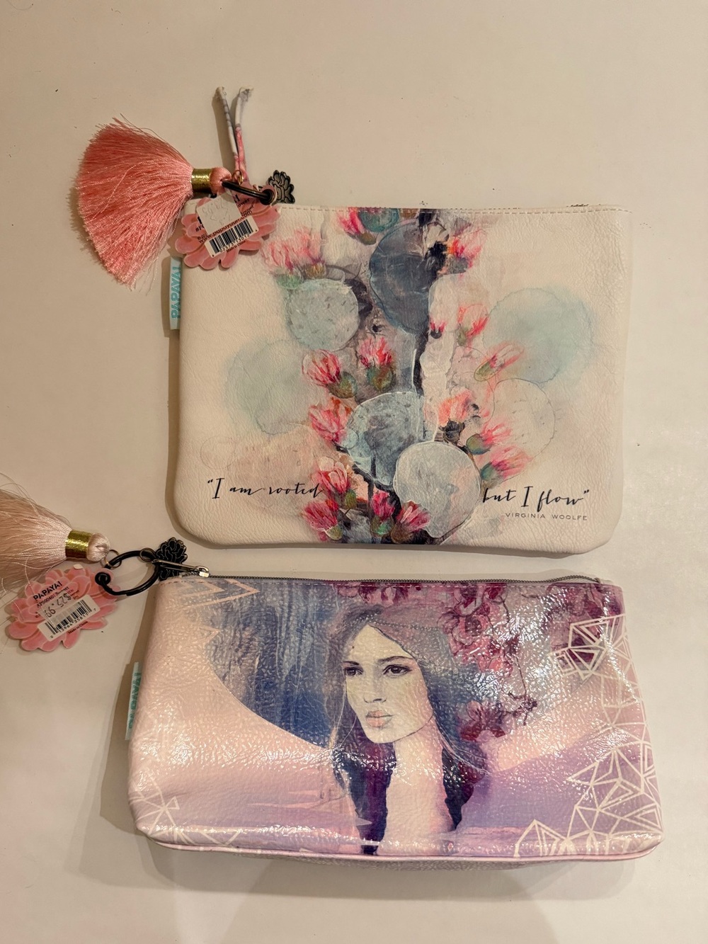 PAPAYA Art Cosmetic Pouch Set of 2 | Floral Boho Tassel Bags NWT